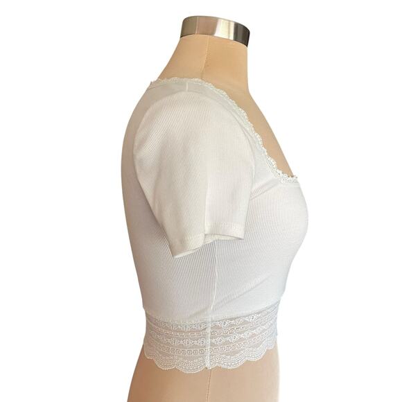 Y2K Babydoll Rib Knit Tee Lace Trim SMALL Bella Coquette Milk Maid Casual Summer - Picture 2 of 6